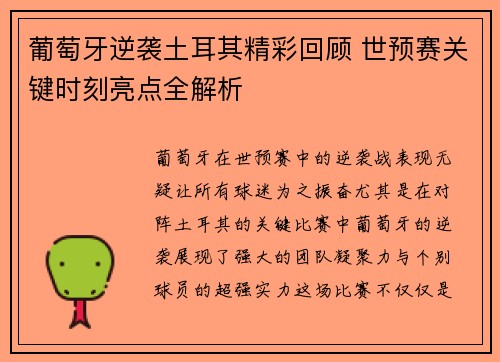 葡萄牙逆袭土耳其精彩回顾 世预赛关键时刻亮点全解析