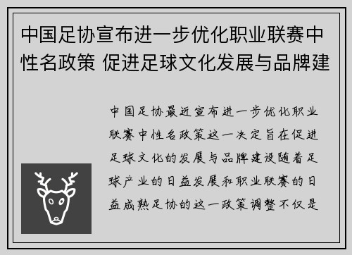 中国足协宣布进一步优化职业联赛中性名政策 促进足球文化发展与品牌建设