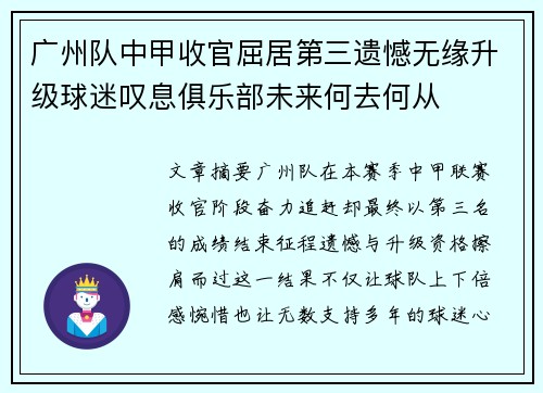 广州队中甲收官屈居第三遗憾无缘升级球迷叹息俱乐部未来何去何从